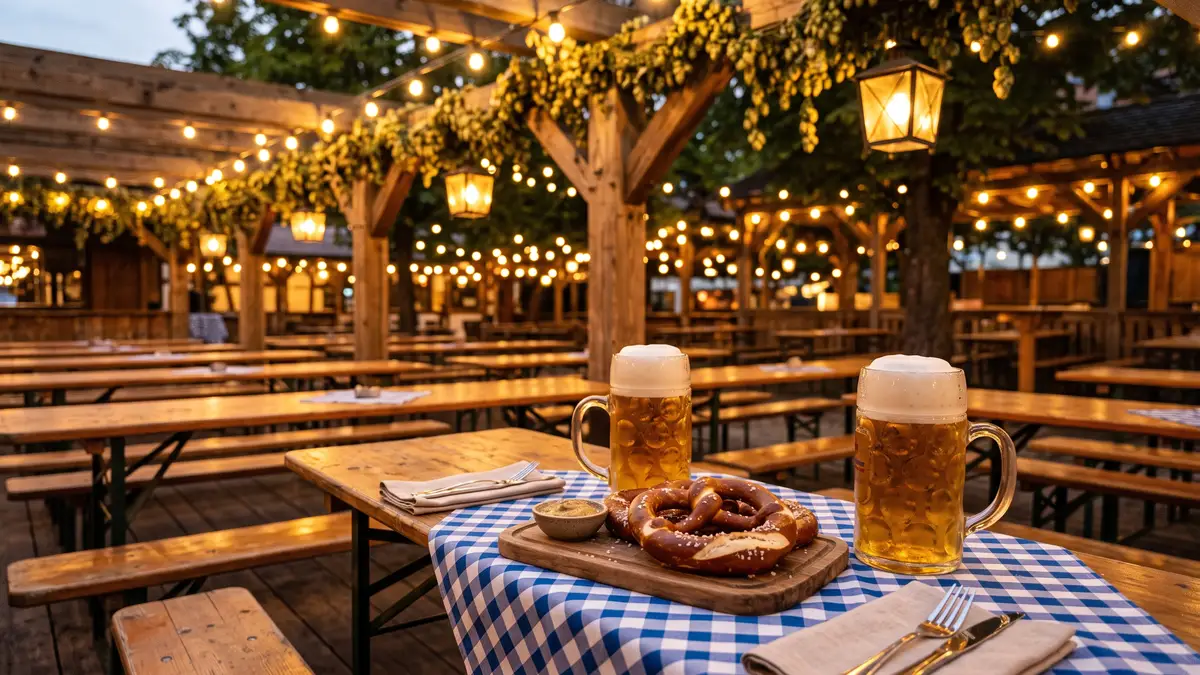 European-themed outdoor dining terrace with families enjoying meals surrounded by lush gardens at Busch Gardens Williamsburg Virginia