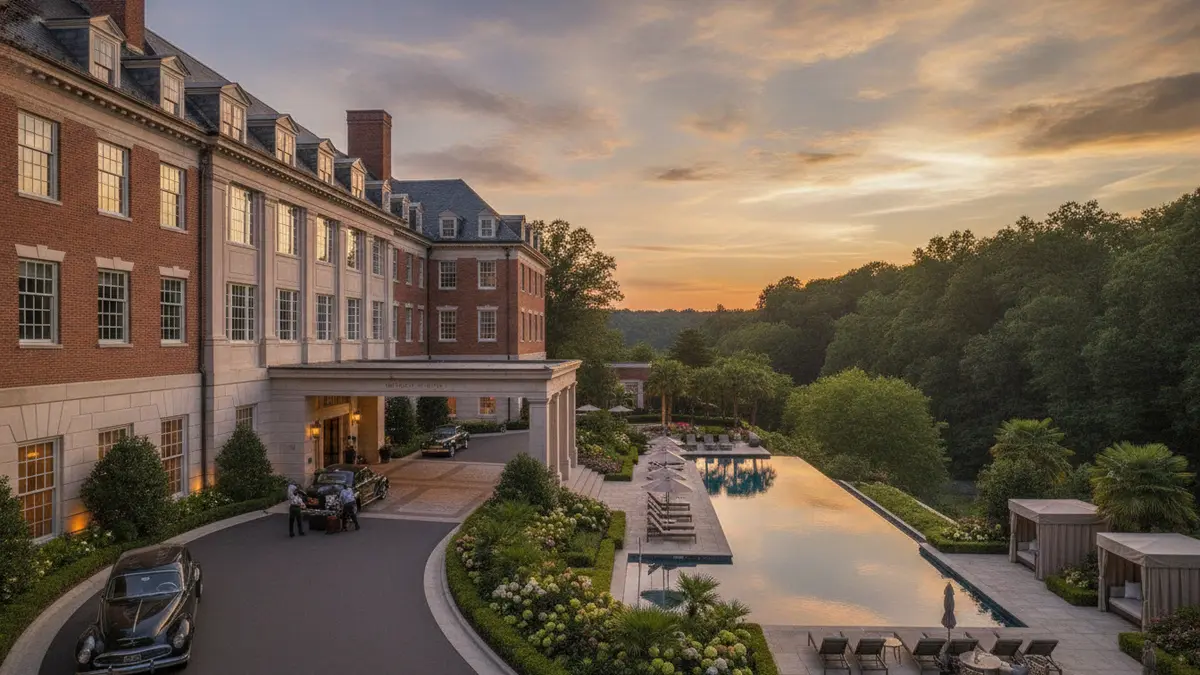 Kingsmill Resort golf course and pool overlooking James River near Busch Gardens Williamsburg Virginia