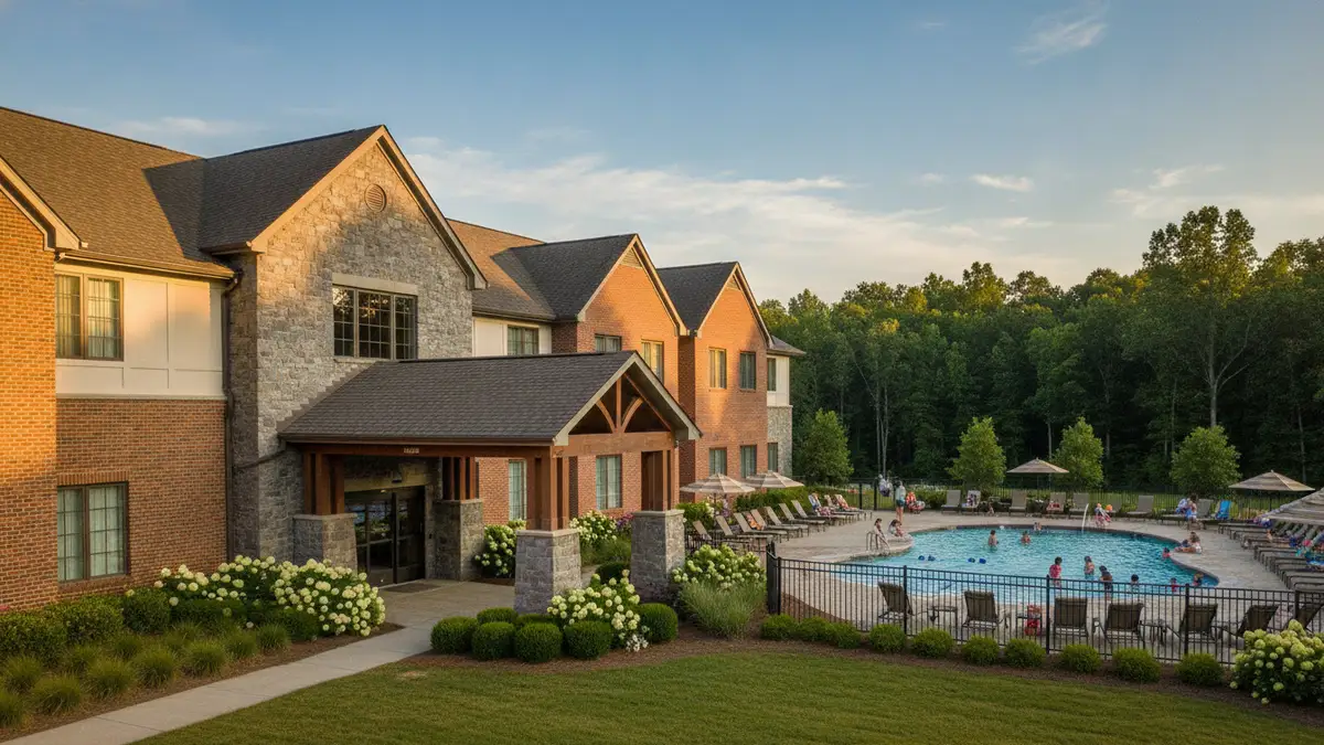 Hampton Inn Busch Gardens Area exterior with pool and free breakfast near Busch Gardens Williamsburg Virginia