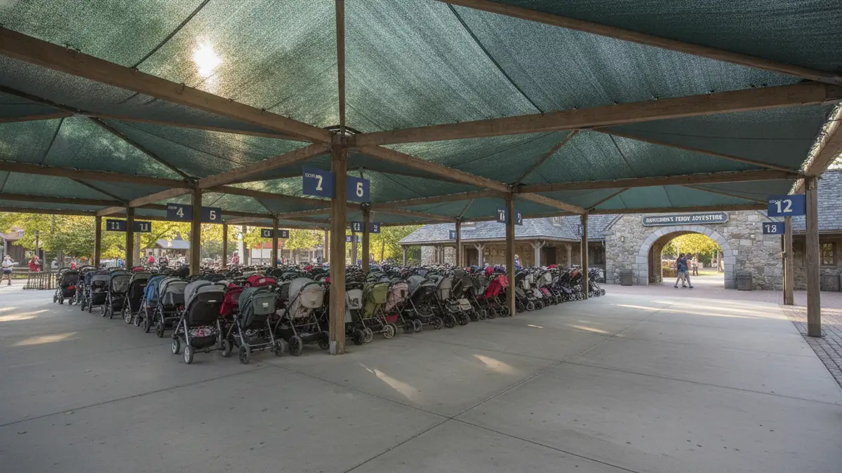 Stroller parking area near European-themed village entrance with families at Busch Gardens Williamsburg Virginia