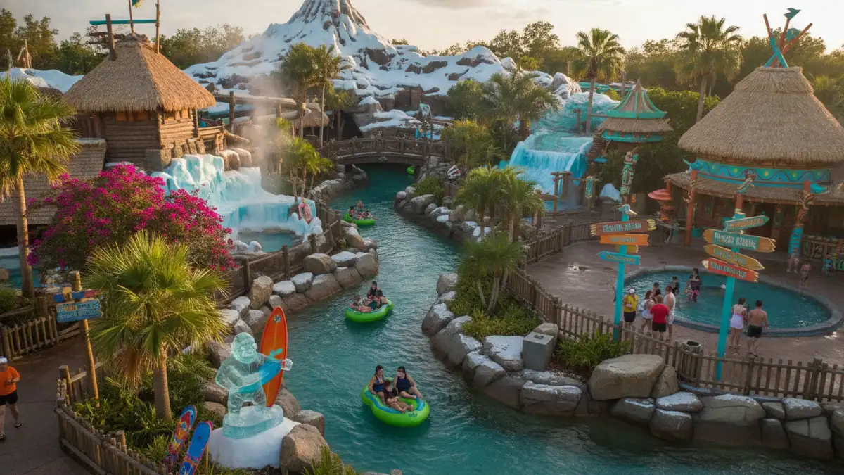 Cross Country Creek lazy river winding through ice caves and melting snow banks at Disney's Blizzard Beach Orlando