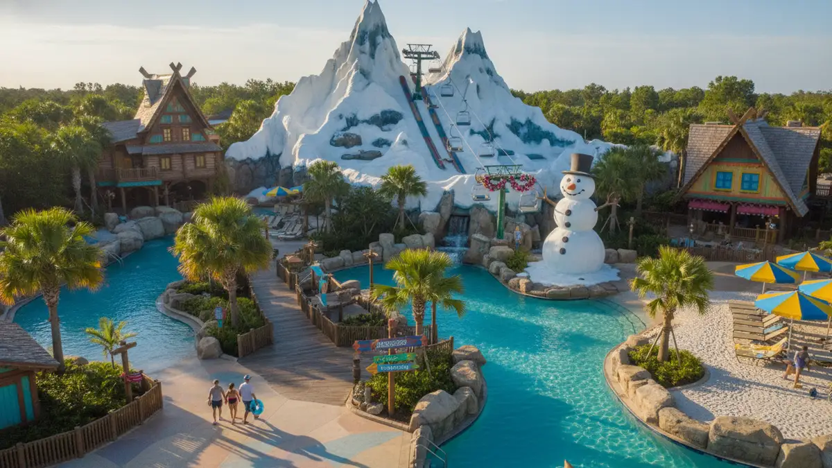 Main entrance building with Beach Haus gift shop at Disney's Blizzard Beach Orlando Florida