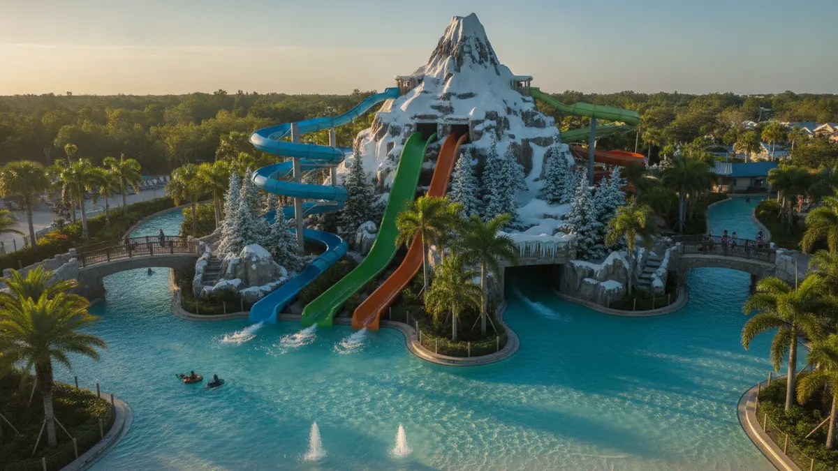 Mt. Gushmore summit with Summit Plummet and Slush Gusher waterslides at Disney's Blizzard Beach Orlando