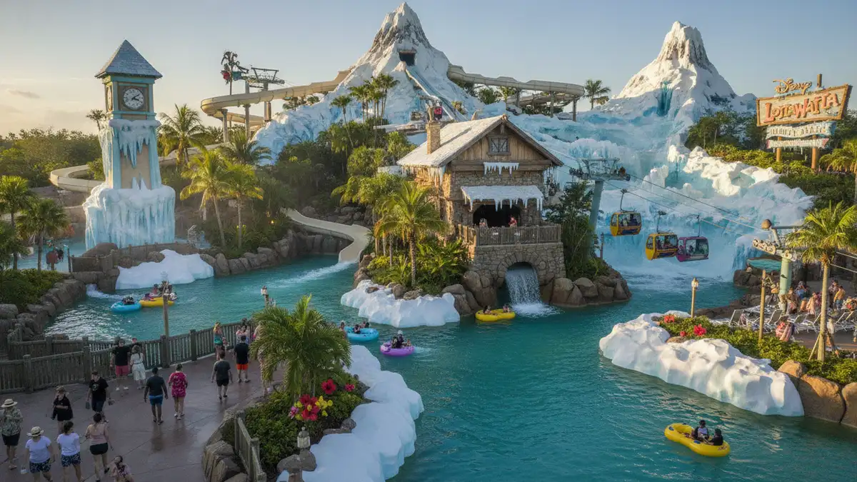 Lottawatta Lodge ski lodge themed restaurant and changing room area at Disney's Blizzard Beach Orlando
