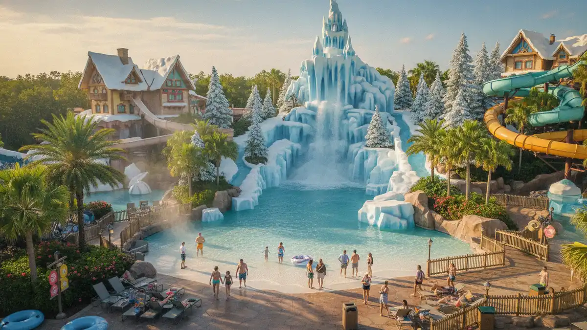 Melt-Away Bay wave pool with sandy beach at Disney's Blizzard Beach Orlando Florida