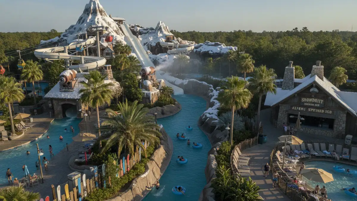 Ski Patrol Training Camp pre-teen activity area with zip line and slides at Disney's Blizzard Beach Orlando