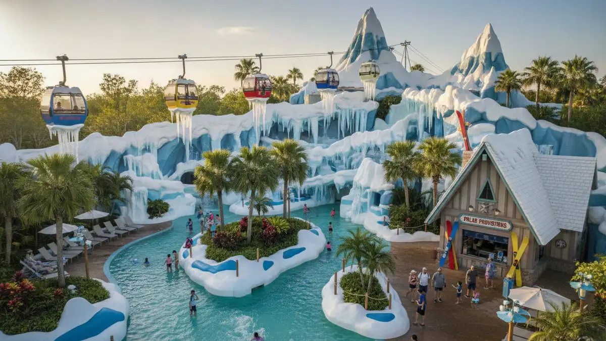 Tike's Peak mini ski lodge toddler splash area with small slides at Disney's Blizzard Beach Orlando