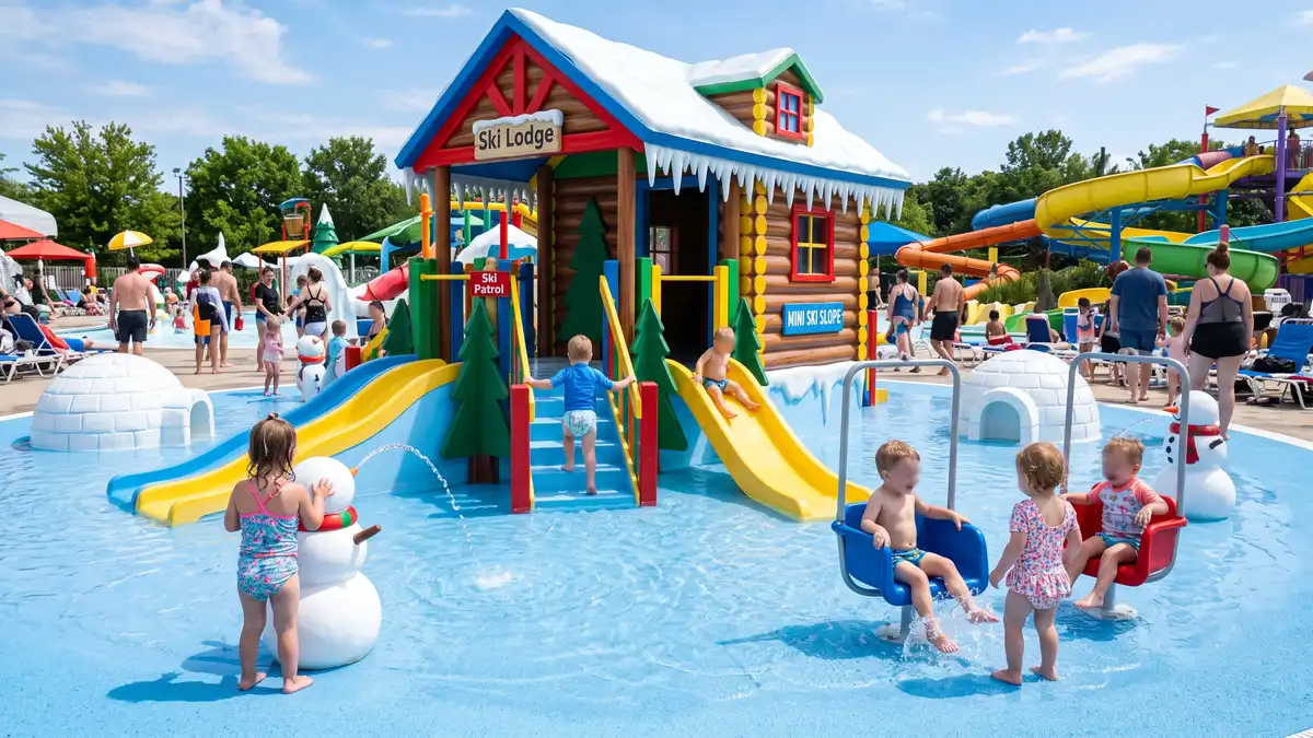 Tike's Peak mini ski lodge toddler splash area with small slides at Disney's Blizzard Beach Orlando