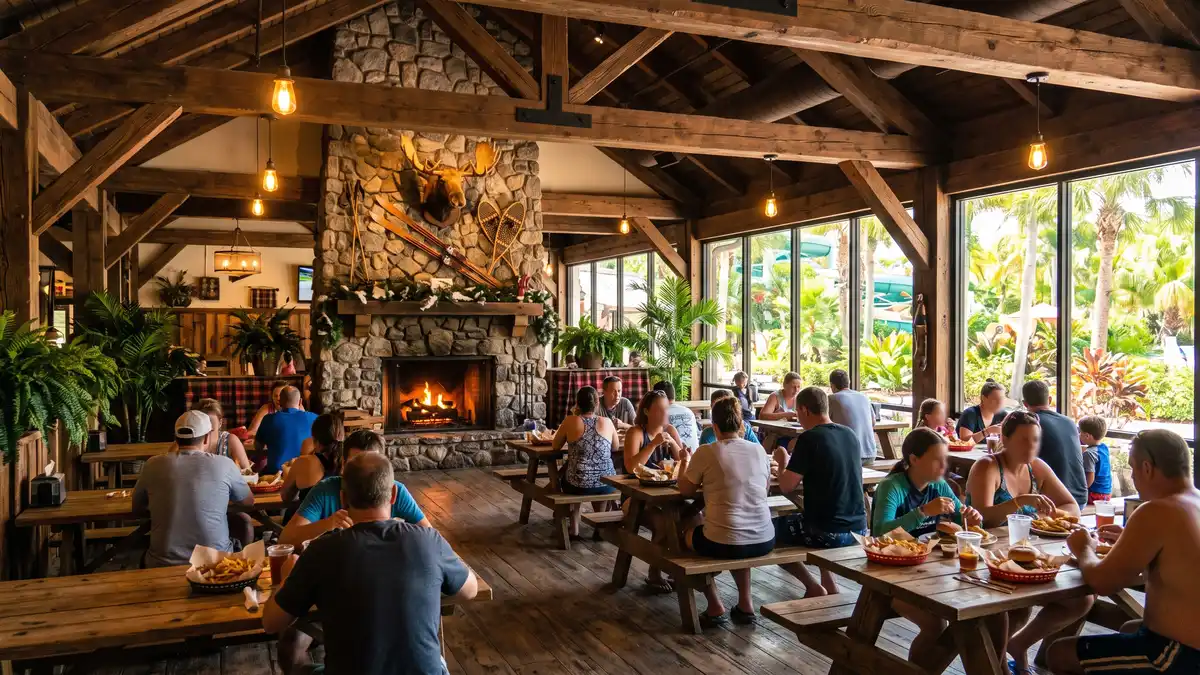 Ski lodge themed food and refreshments at Lottawatta Lodge dining area at Disney's Blizzard Beach Orlando Florida