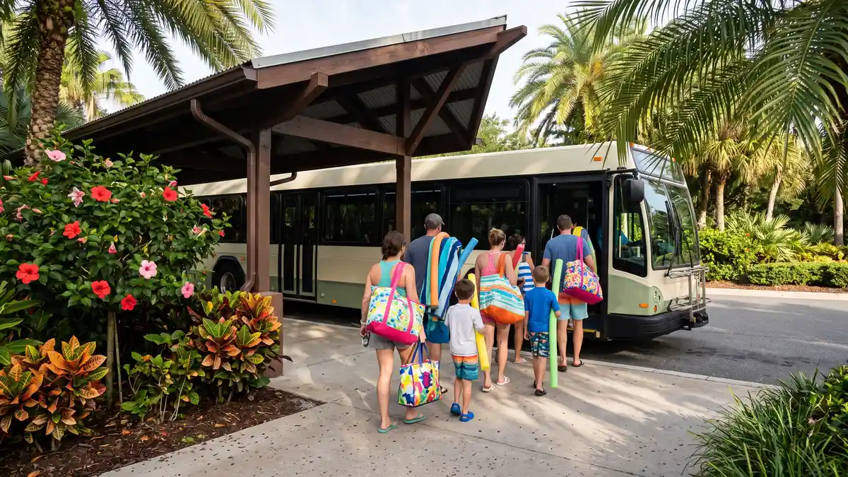 Main entrance building and Beach Haus gift shop with changing room facilities at Disney's Blizzard Beach water park Orlando Florida