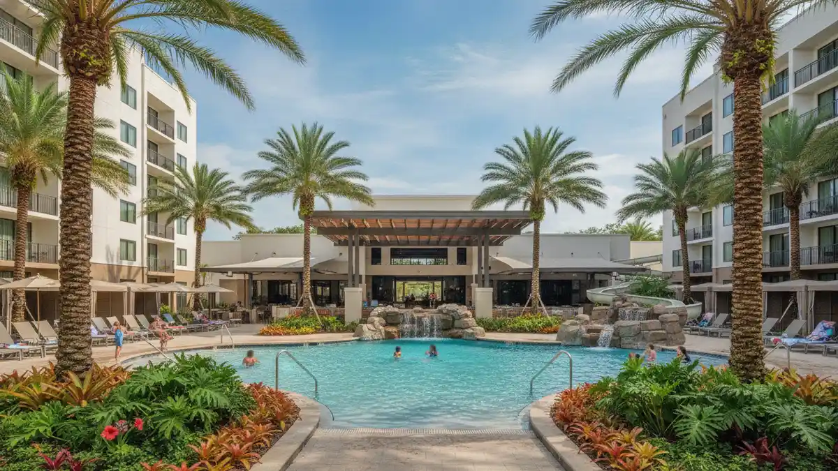 Disney's Coronado Springs Resort Spanish-colonial themed pool with Mayan pyramid waterslide near Blizzard Beach Orlando