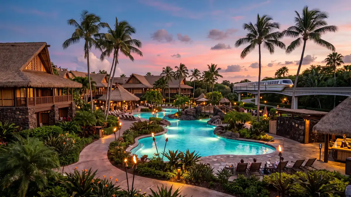 Walt Disney World resort hotels with tropical landscaping near Blizzard Beach water park Orlando Florida
