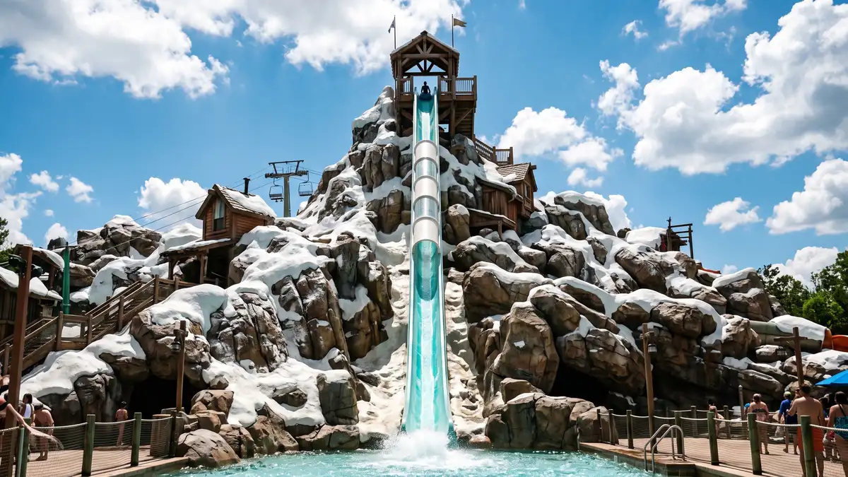 Mt. Gushmore snow-covered mountain with waterslides and chairlift at Disney's Blizzard Beach water park Orlando Florida