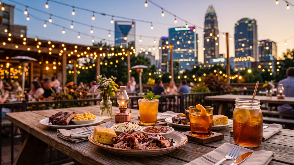 Uptown Charlotte restaurant scene near Bank of America Stadium on a game day evening