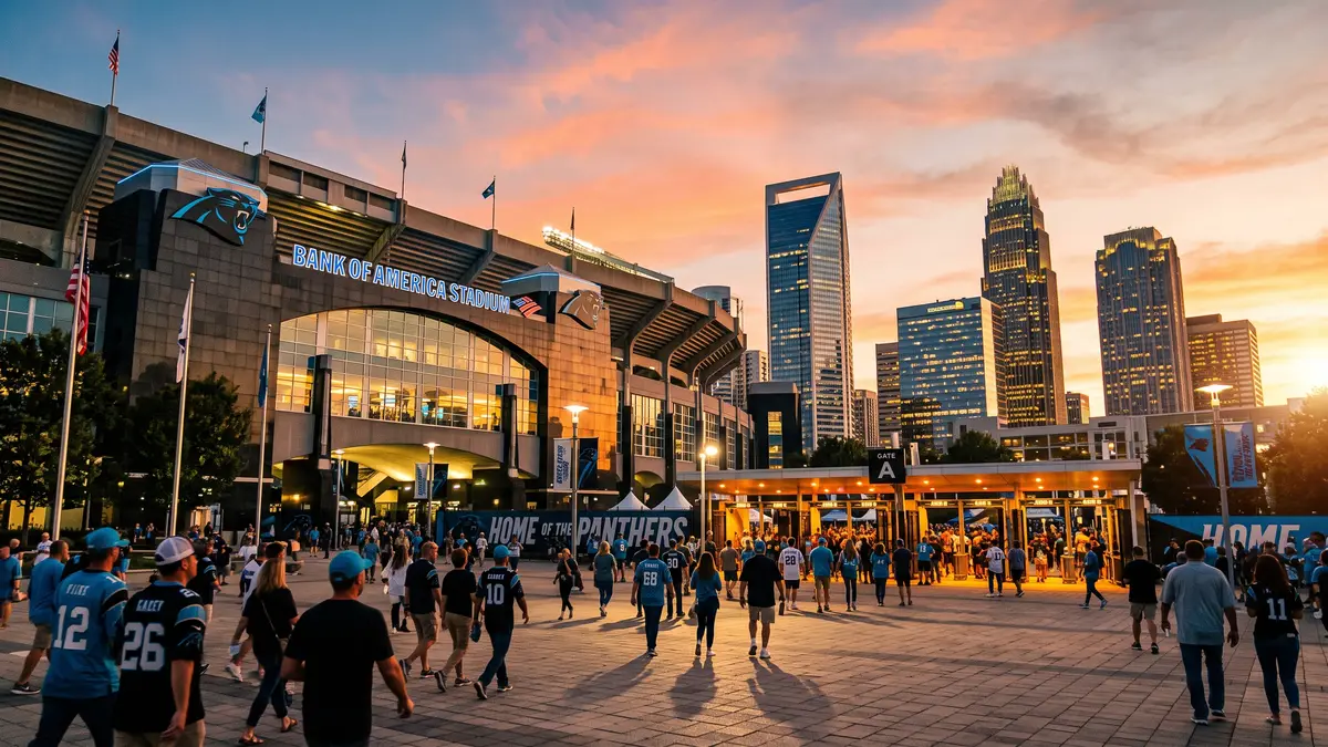 Bank of America Stadium in Uptown Charlotte at sunset with the Charlotte skyline behind the open-air bowl