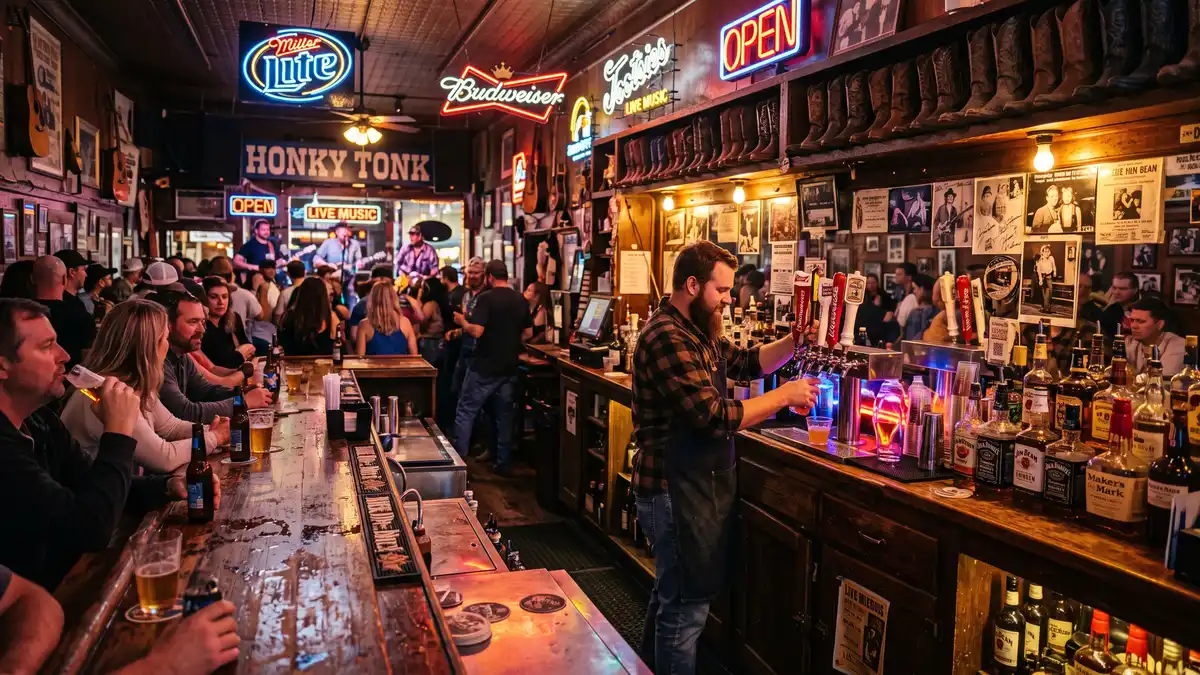 Neon honky-tonk signs on Lower Broadway in Nashville near Bridgestone Arena