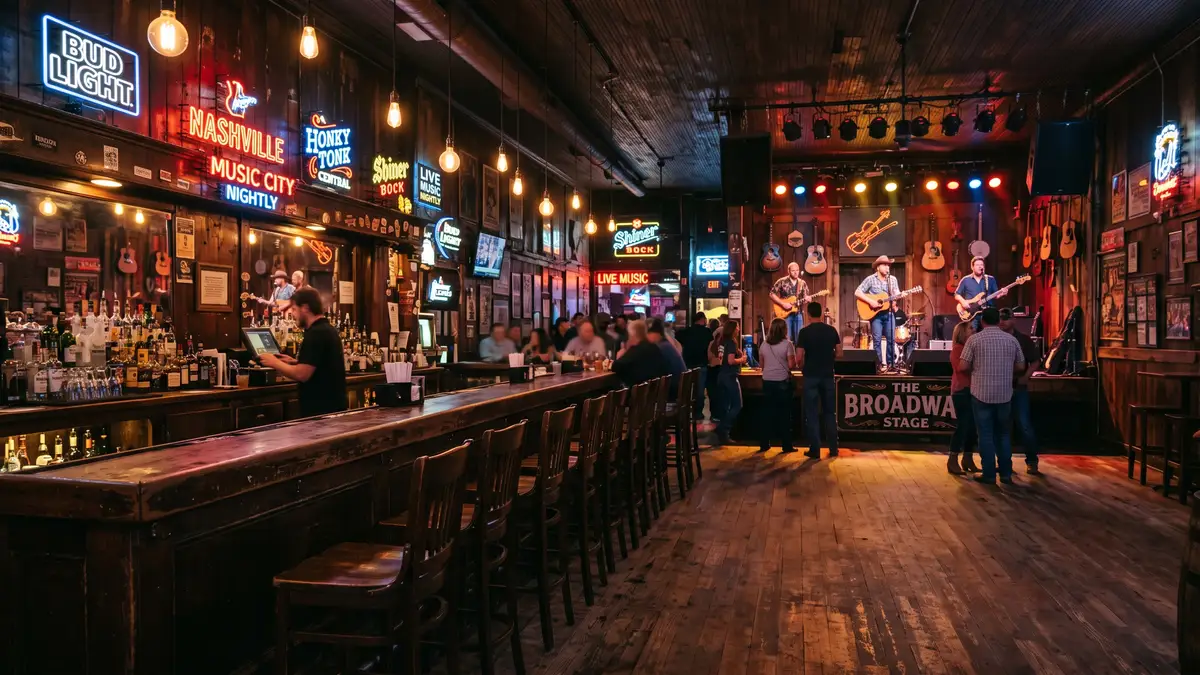 Lower Broadway in Nashville with neon signs and crowds heading to Bridgestone Arena