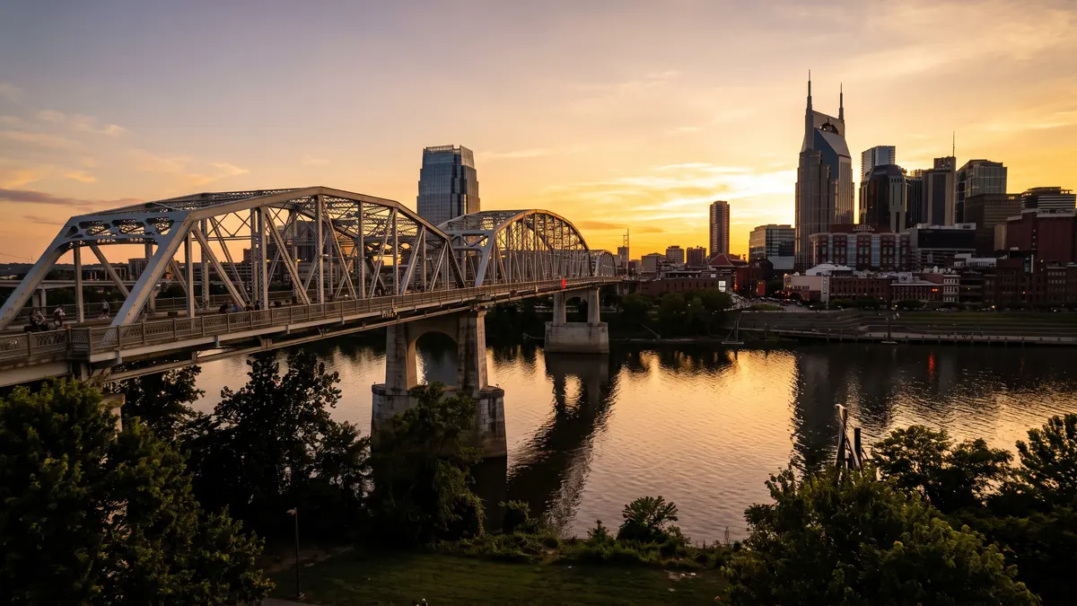 Aerial view of downtown Nashville with Bridgestone Arena and Broadway visible from above