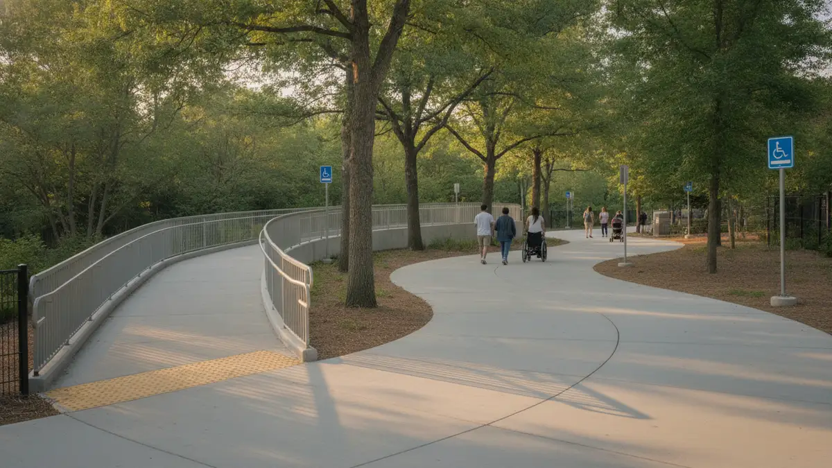 Accessible pathway with gentle slope through tree-lined walkway at the Bronx Zoo in the Bronx New York City