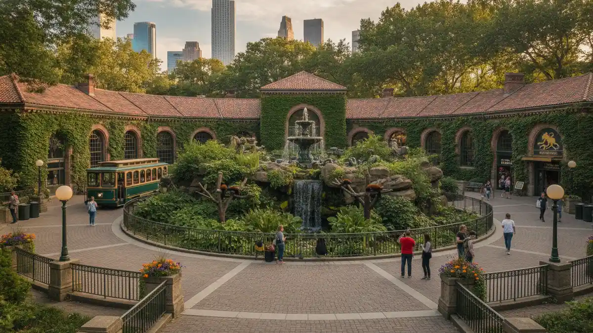 Astor Court fountain and Sea Lion Pool entrance area with families at the Bronx Zoo Southern Boulevard Bronx New York