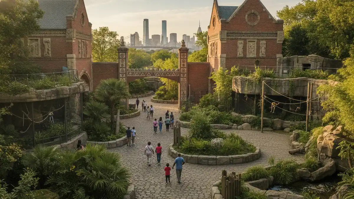 Congo Gorilla Forest entrance with lush tropical vegetation and exhibit signage at the Bronx Zoo New York