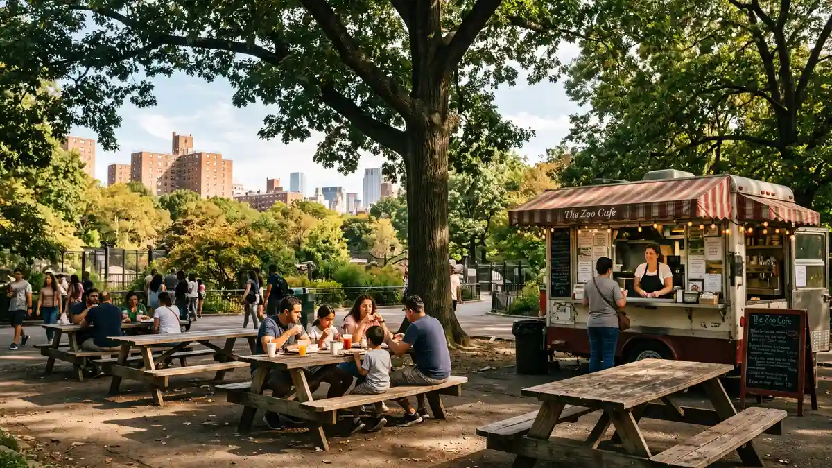 Outdoor dining pavilion with families enjoying lunch under shade canopy at the Bronx Zoo in the Bronx New York