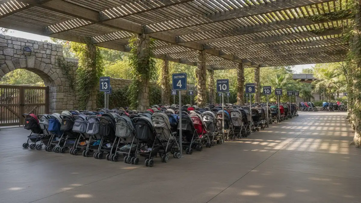 Stroller parking area near exhibit entrance with families and children at the Bronx Zoo in the Bronx New York