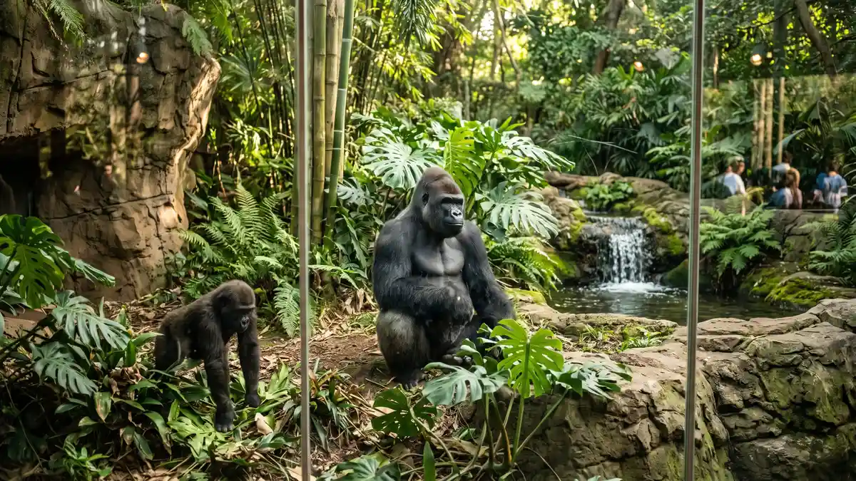 Families walking through lush forested pathways past animal exhibits at the Bronx Zoo in the Bronx New York City