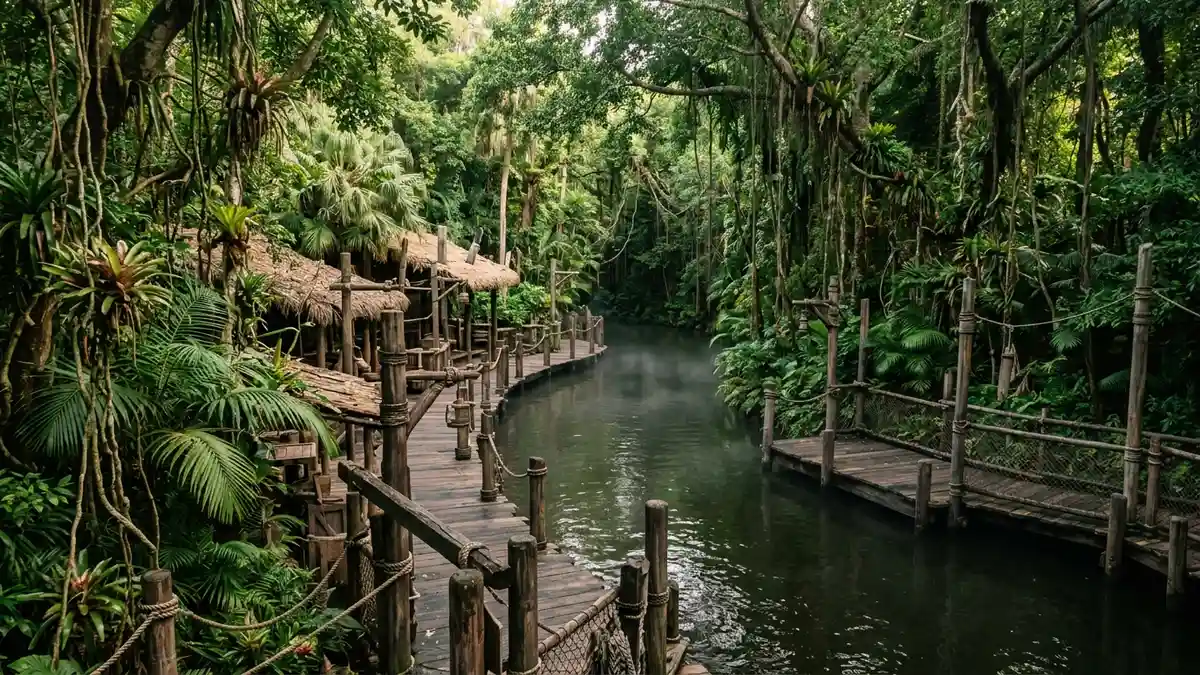 Congo themed area with Kumba roller coaster and jungle landscaping at Busch Gardens Tampa Bay