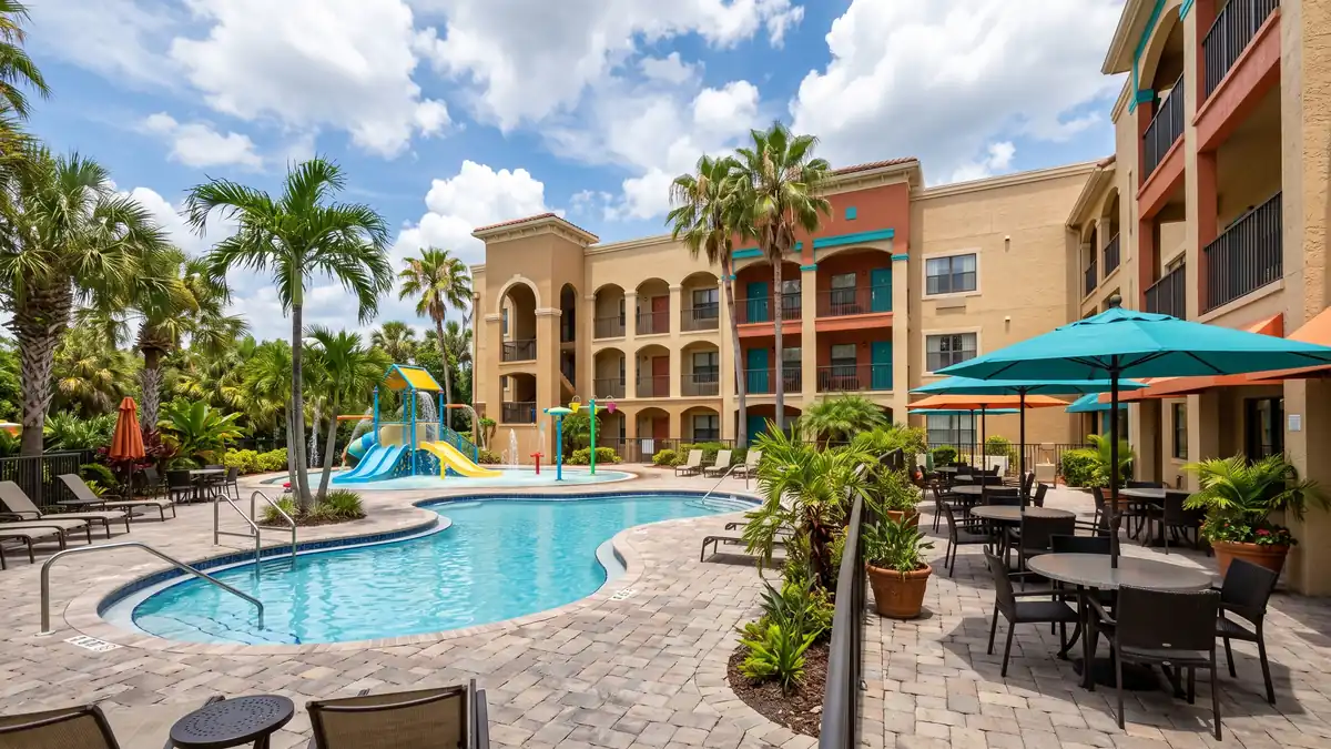 Embassy Suites Busch Gardens hotel exterior with palm trees and shuttle stop near Busch Gardens Tampa