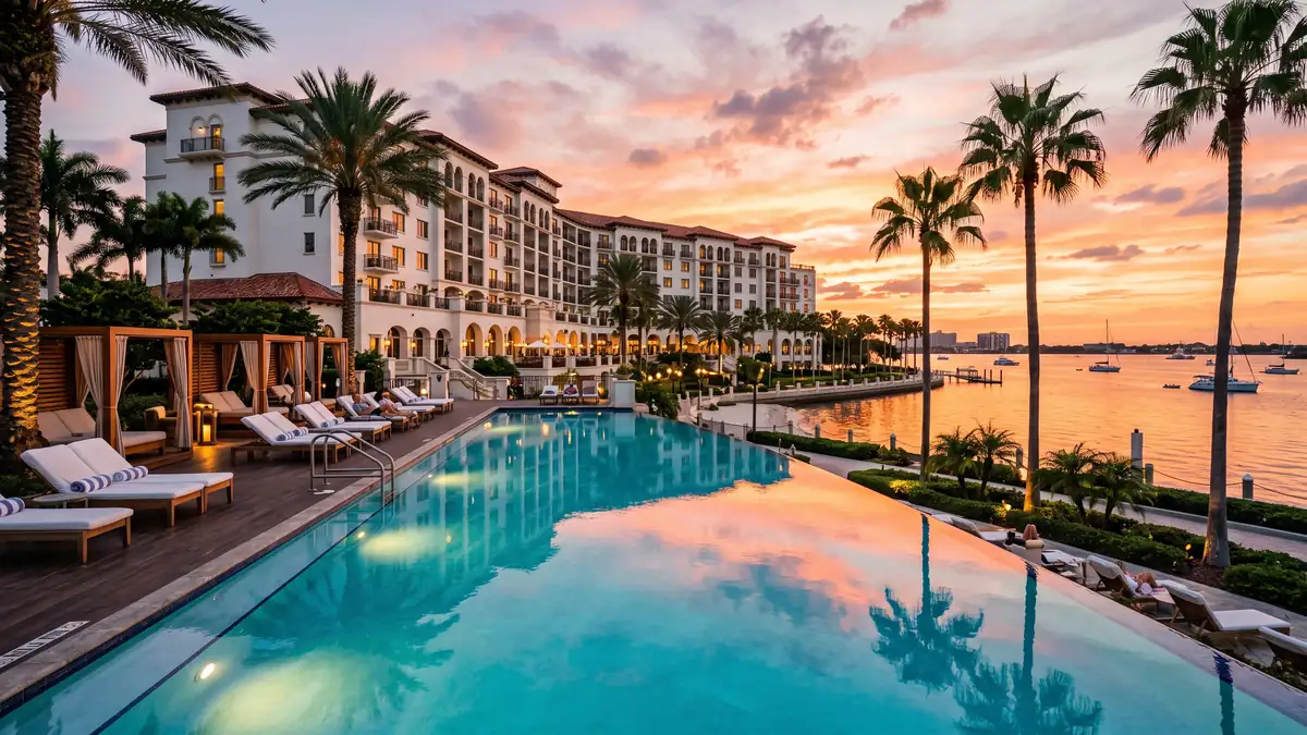 Grand Hyatt Tampa Bay resort exterior with waterfront pool and bay views near Busch Gardens Tampa