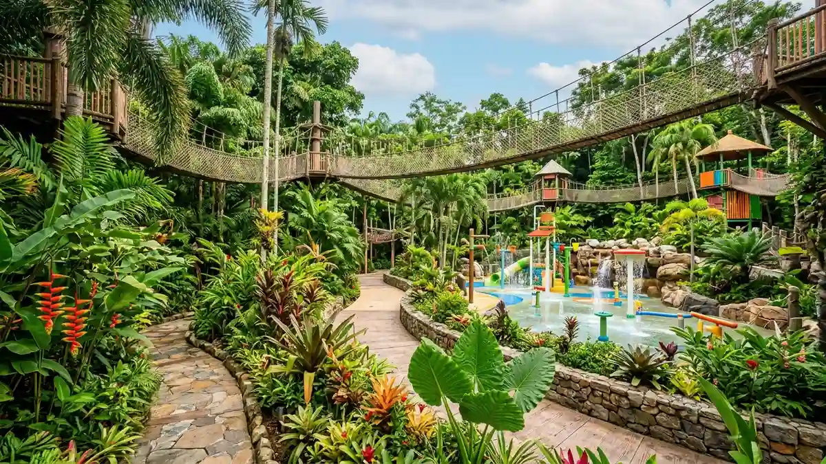 Jungala area with tropical vegetation and tiger habitat at Busch Gardens Tampa Bay