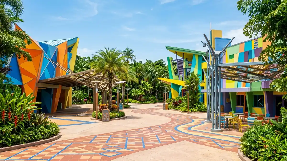 Pantopia area with Cheetah Hunt launch coaster and Falcon Fury tower at Busch Gardens Tampa Bay