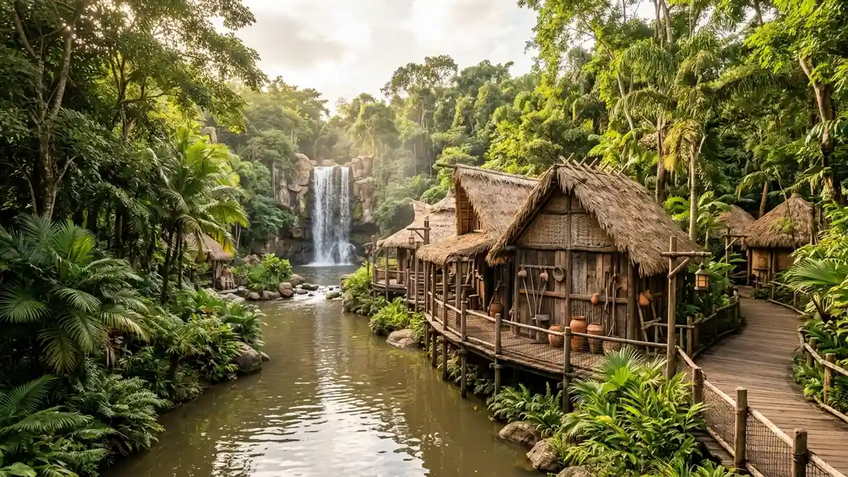 Stanleyville area with SheiKra dive coaster and lush tropical landscape at Busch Gardens Tampa Bay