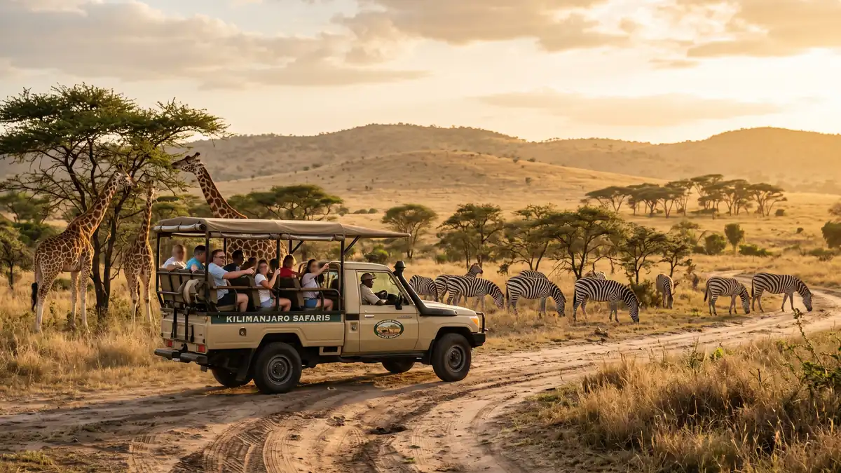 Serengeti Safari open-air vehicle with giraffes at Busch Gardens Tampa Bay Serengeti Plain