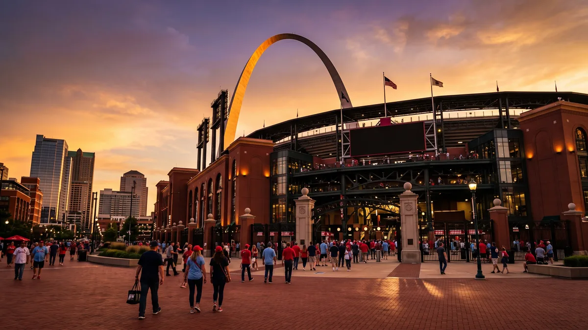Busch Stadium in downtown St. Louis at sunset with the Gateway Arch visible beyond the outfield