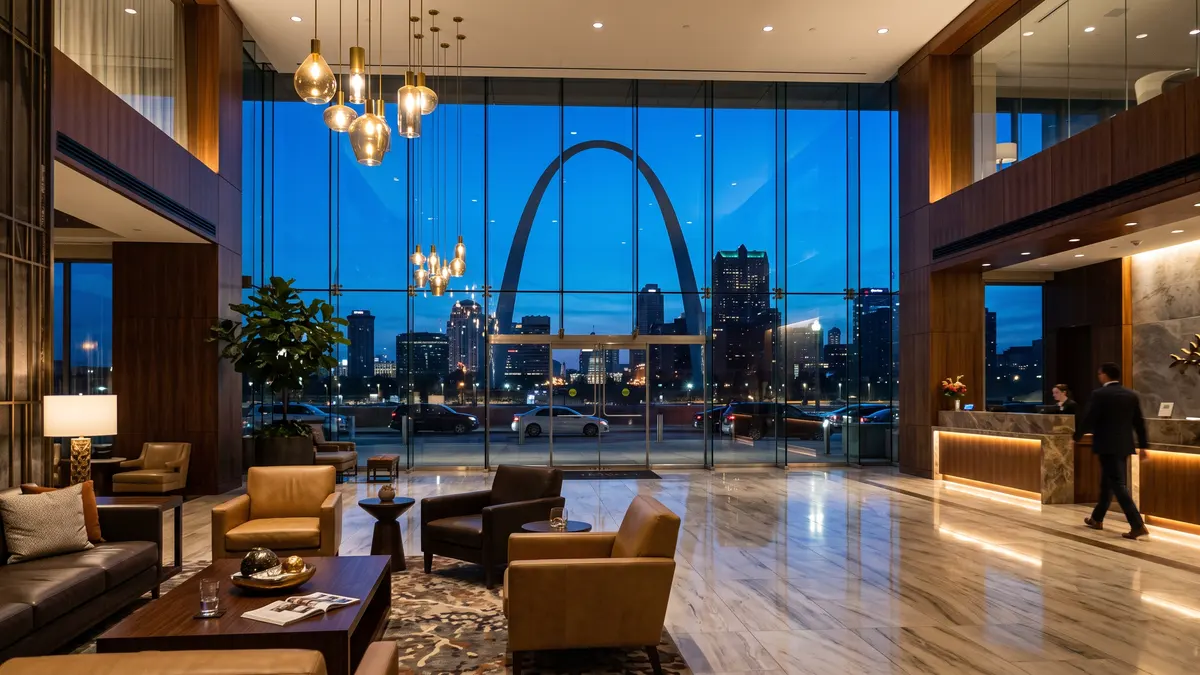 Downtown St. Louis hotel skyline with the Gateway Arch and Busch Stadium visible