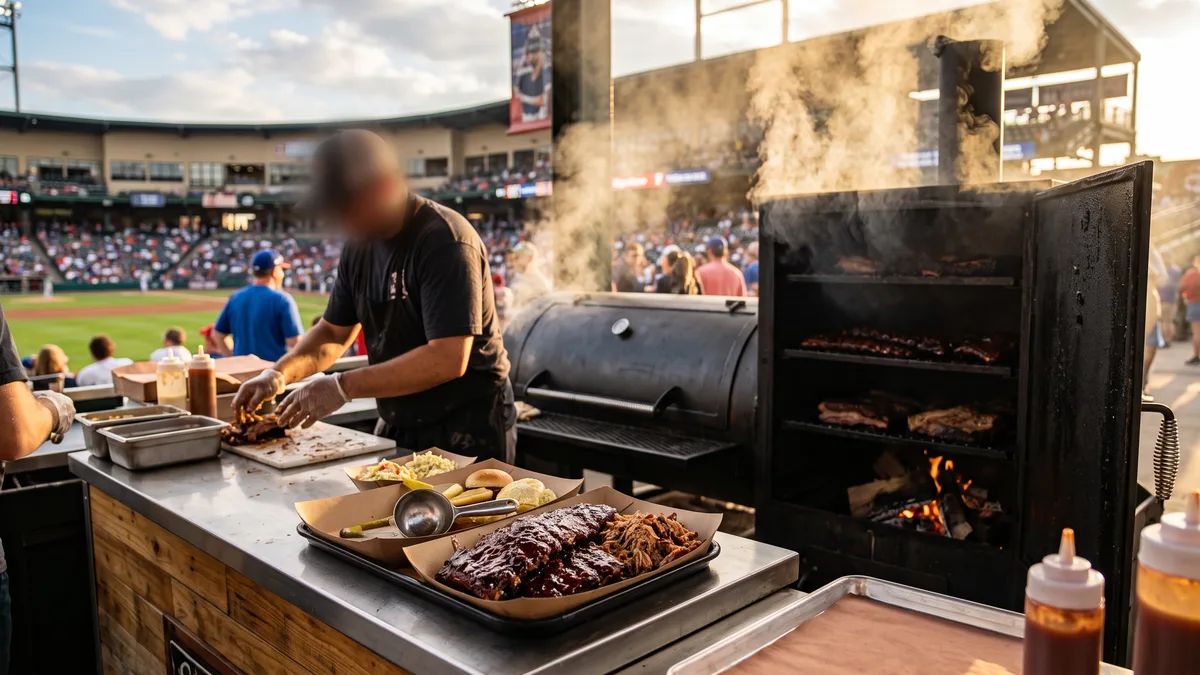 Eutaw Street at Camden Yards packed with fans browsing food stands and Boog's BBQ smoke rising