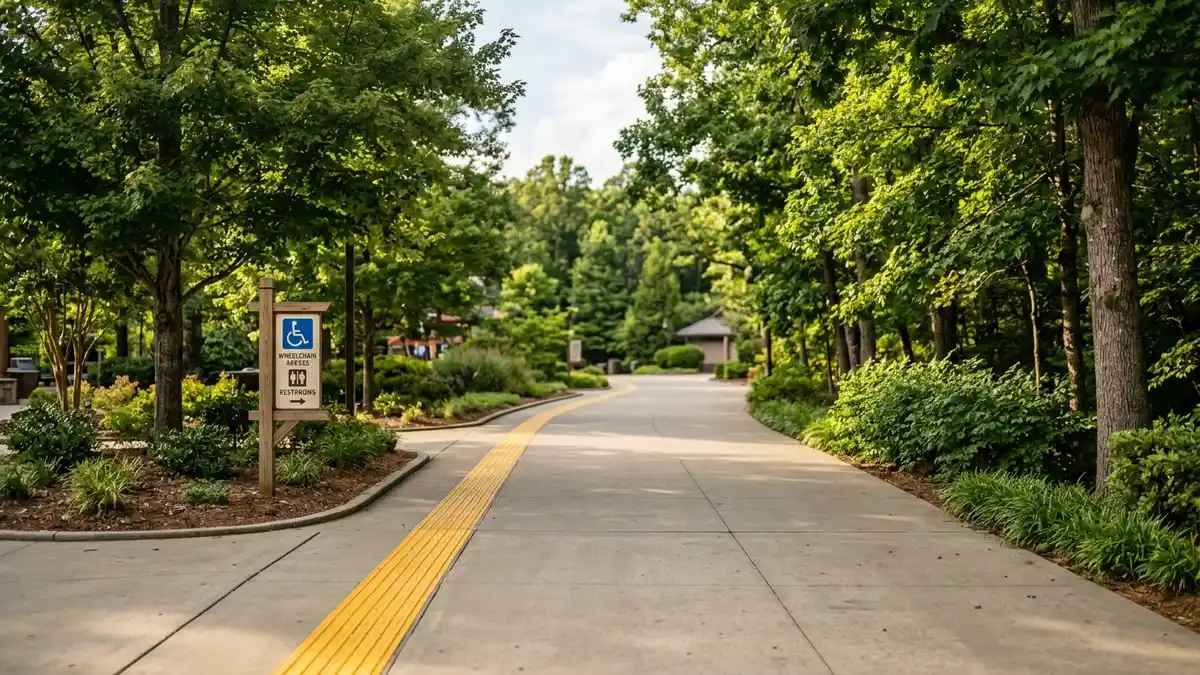 Accessible pathway with wheelchair access along a flat midway area at Carowinds theme park Charlotte