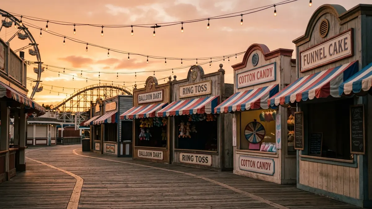 Carolina Boardwalk area with Grand Carousel and family rides at Carowinds theme park