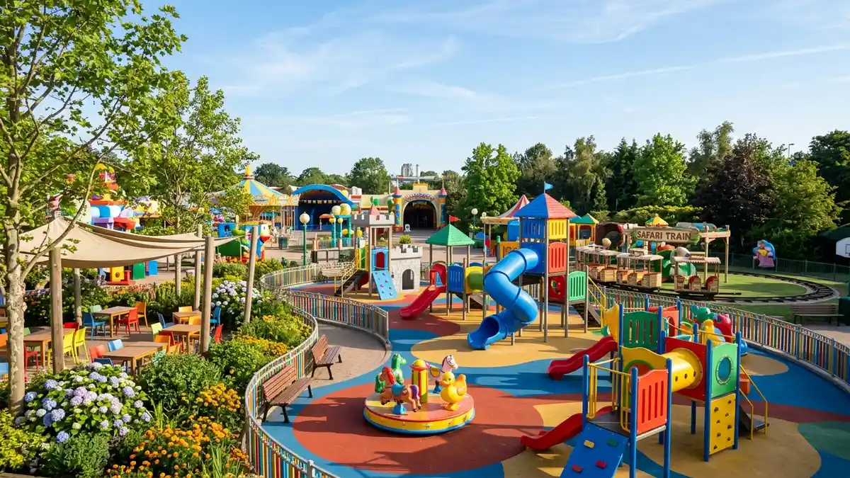 Camp Snoopy kids area with colorful Peanuts-themed rides and character meet areas at Carowinds