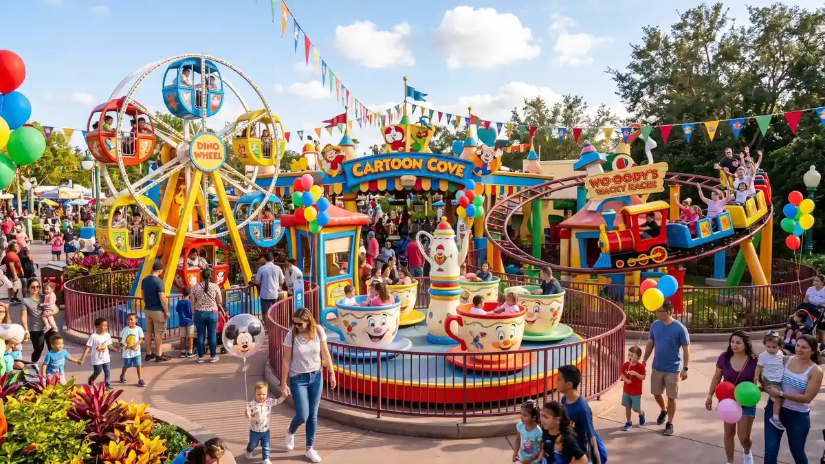 Camp Snoopy kids ride area with colorful Peanuts-themed attractions at Carowinds Charlotte