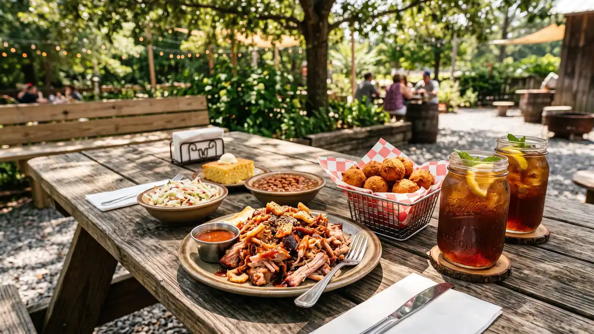 Family dining area with Southern barbecue and craft beverages at Carowinds theme park Charlotte North Carolina