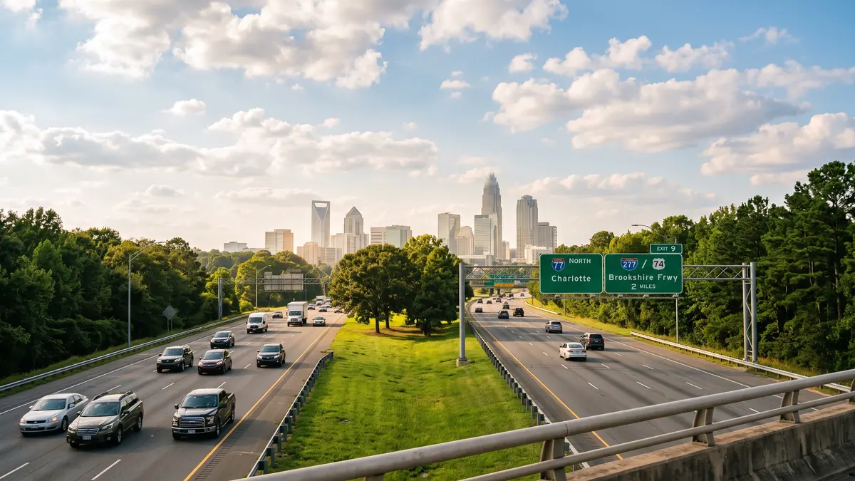 Carowinds entrance road off Interstate 77 with parking lot and roller coasters visible in Charlotte North Carolina