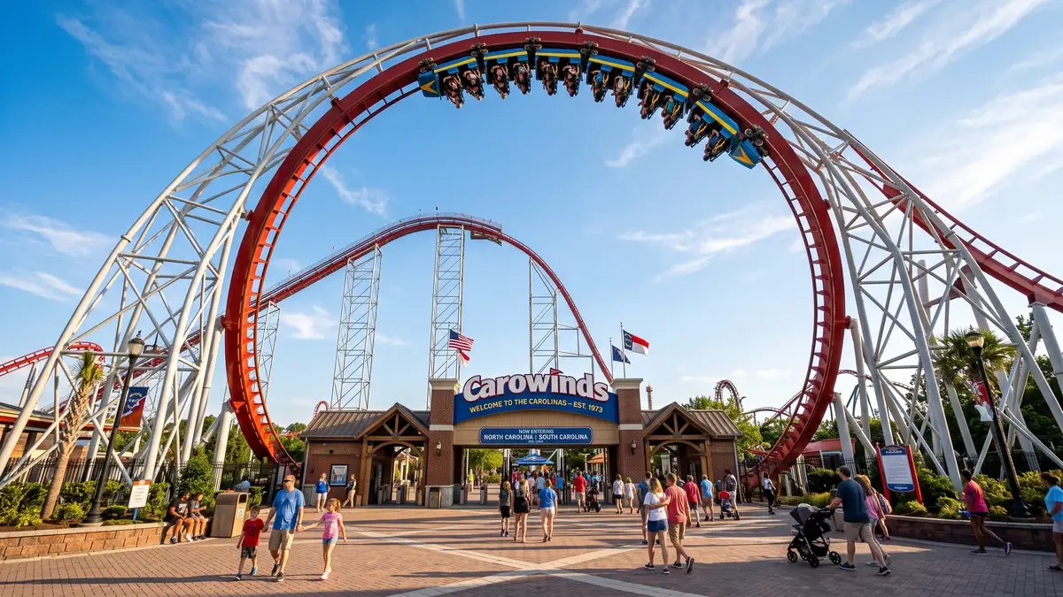 Carowinds theme park entrance with Fury 325 giga coaster towering against a golden hour sky near Charlotte North Carolina