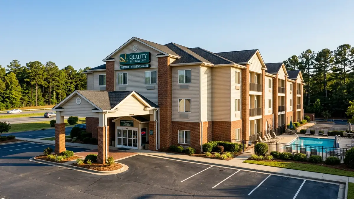 SpringHill Suites Fort Mill exterior with outdoor pool and family suite amenities near Carowinds