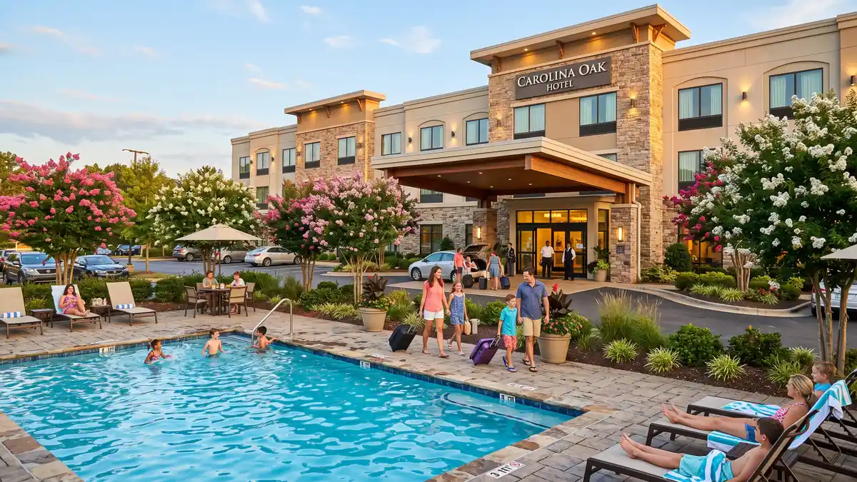 Hotel exterior with pool and family amenities near Carowinds theme park in Fort Mill South Carolina