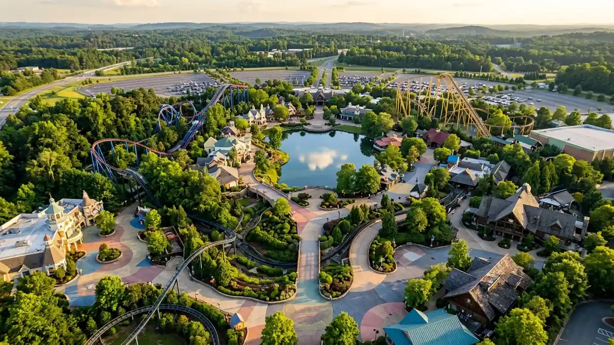 Aerial overview of Carowinds theme park spanning the North Carolina South Carolina state line near Charlotte