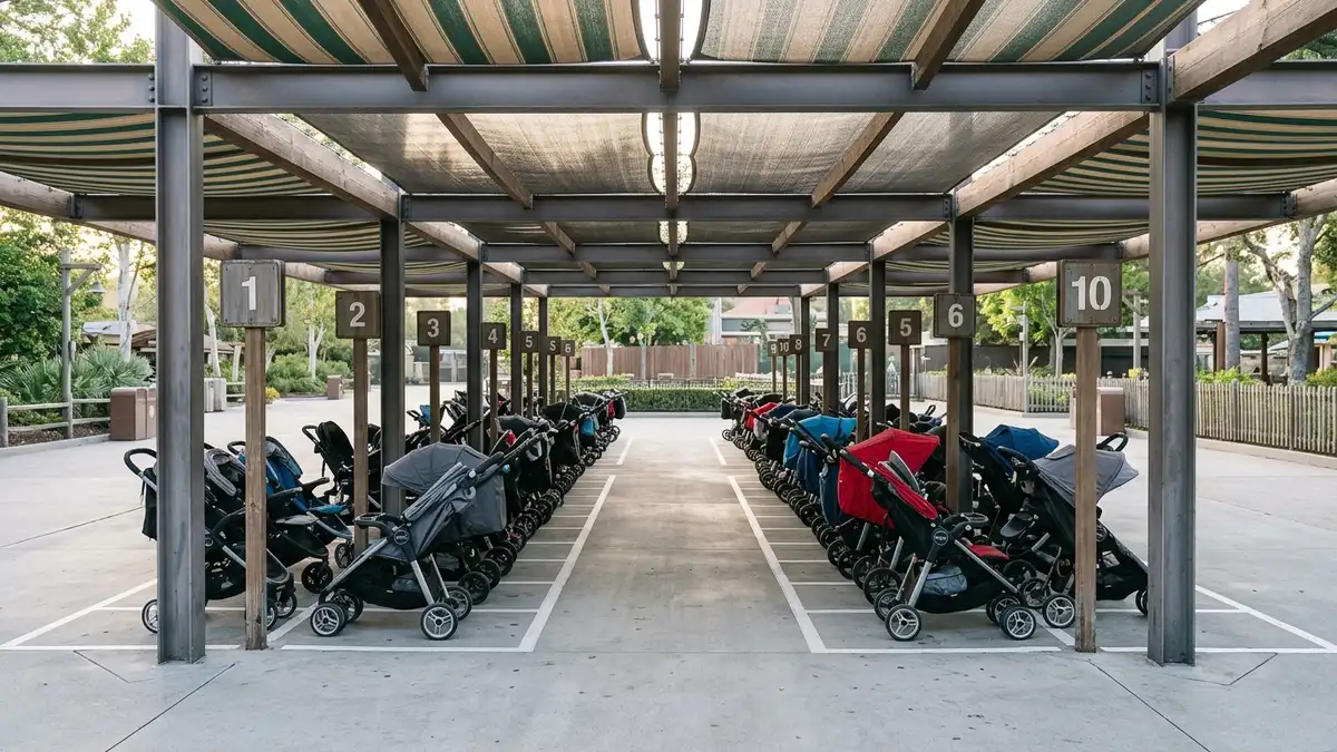 Stroller parking area near ride entrance at Carowinds theme park Charlotte North Carolina