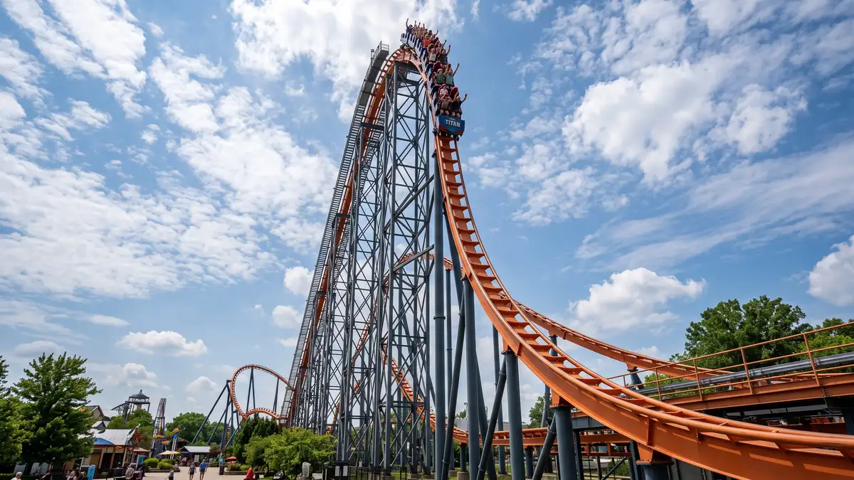 Fury 325 giga coaster towering 325 feet against blue sky at Carowinds theme park Charlotte North Carolina
